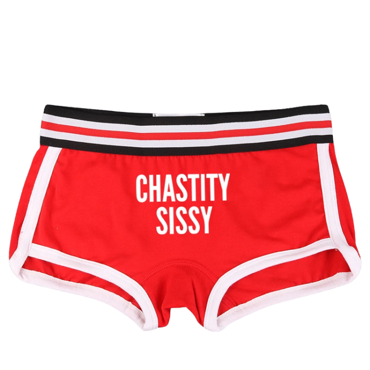 Front view of red short briefs with white trim and “CHASTITY SISSY” text