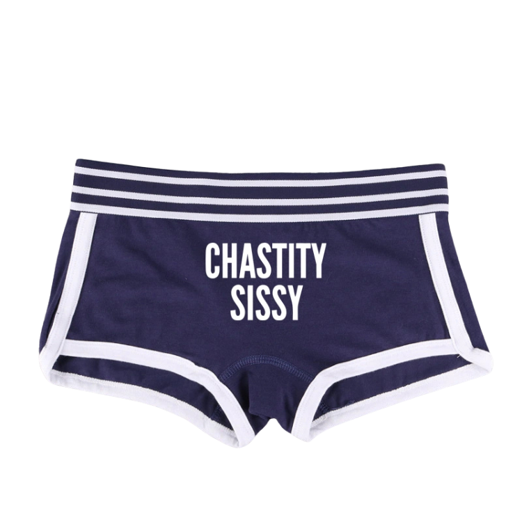 Front view of navy short briefs with white trim and “CHASTITY SISSY” lettering