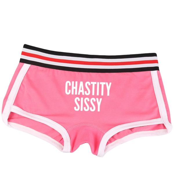 Front view of pink short briefs with white trim and “CHASTITY SISSY” text