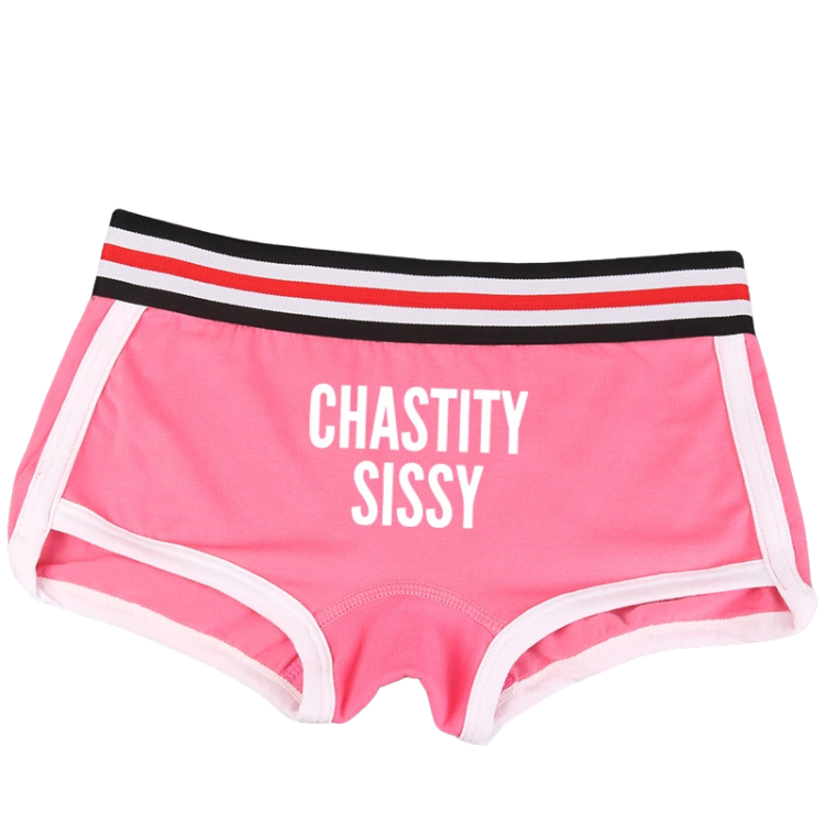 Front view of pink short briefs with white trim and “CHASTITY SISSY” text