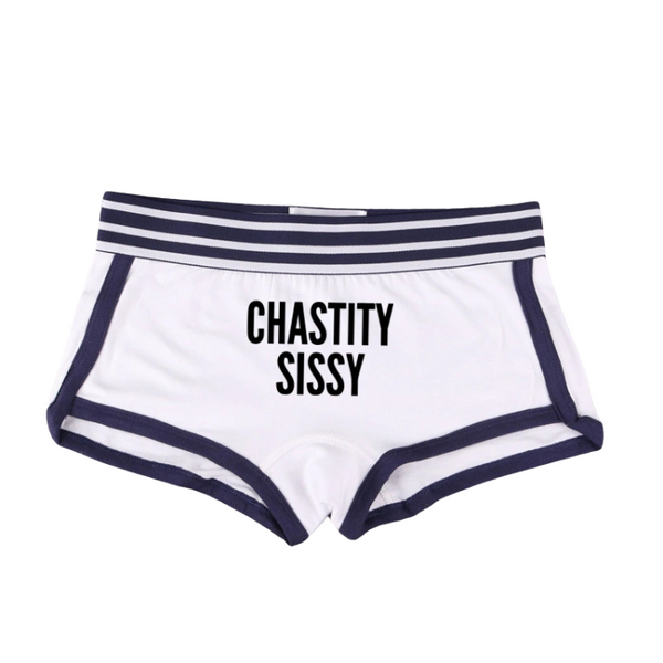Front view of white short briefs with navy trim and waistband stripes, reading “CHASTITY SISSY”