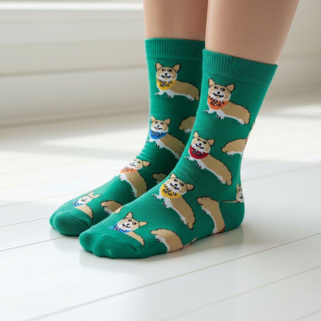 Unisex Cute Corgi Socks with cheerful cartoon corgi dogs in colorful scarves, worn on feet on a sunlit white wooden floor.