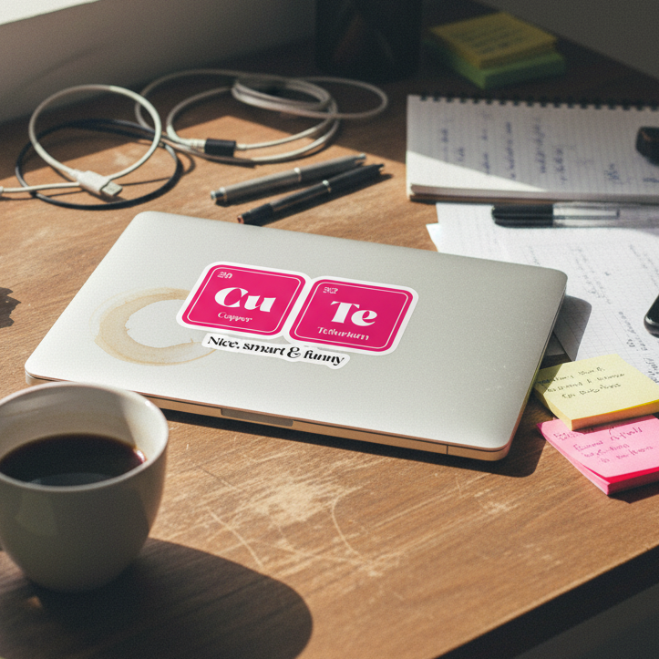 Laptop decked in “CuTe Nice Smart & Funny” Bubble-Free Stickers on a sunlit wooden desk with coffee, notepads, pens