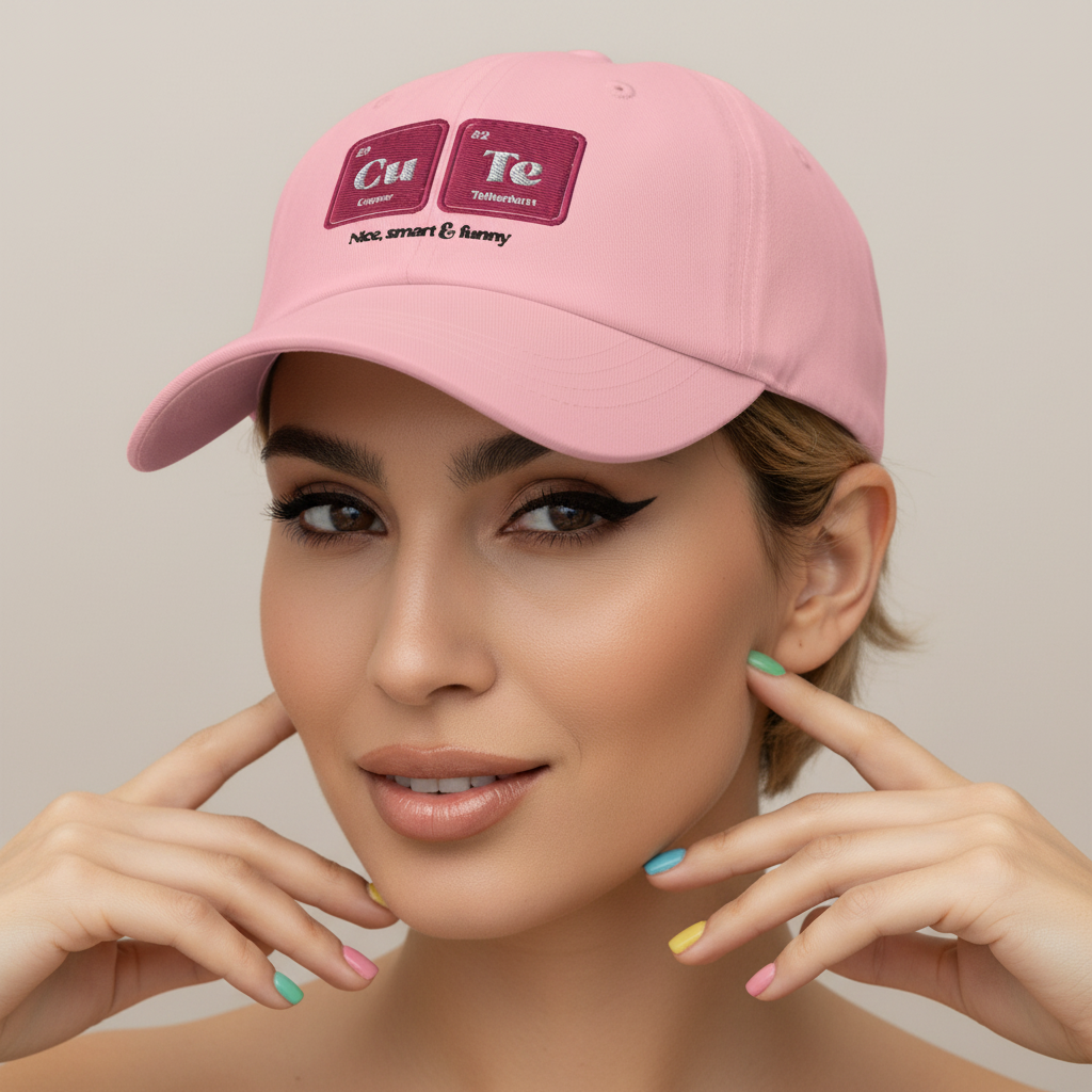CuTe Nice Smart & Funny Cap in pink with "Cu" and "Te" embroidered, spelling "CuTe," plus "Nice, smart & funny." model
