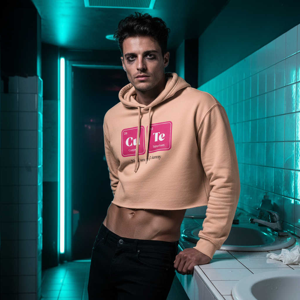 Crop hoodie in beige with pink CuTe Nice Smart & Funny logo, matched with black pants