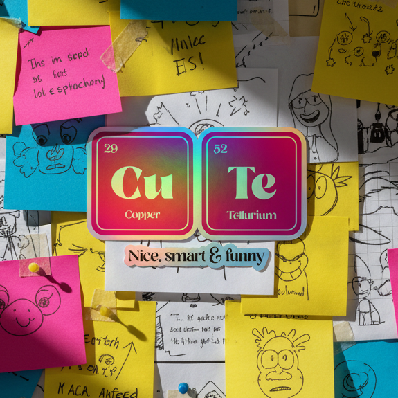 Holographic queer sticker set with a bold, colorful Cu Te (Copper 29, Tellurium 52), Nice, smart & funny