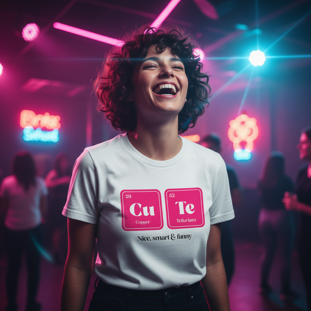 CuTe Nice Smart & Funny T-Shirt on a joyful person with curly hair at a neon-lit queer club; glowing signs, pride