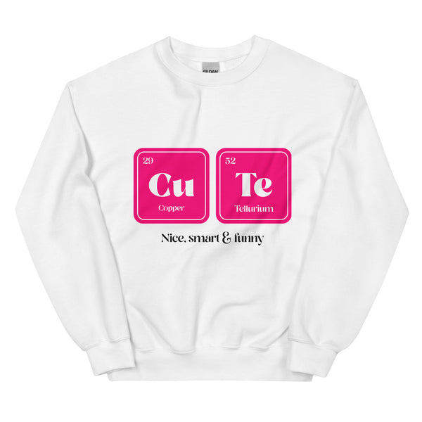 Unisex white sweatshirt with pink periodic table tiles spelling 