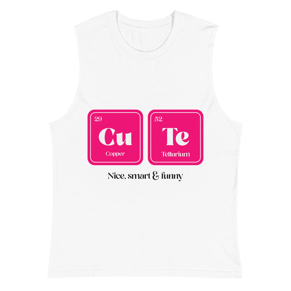 White sleeveless tank top with pink Cu and Te element squares and “Nice, smart & funny” text