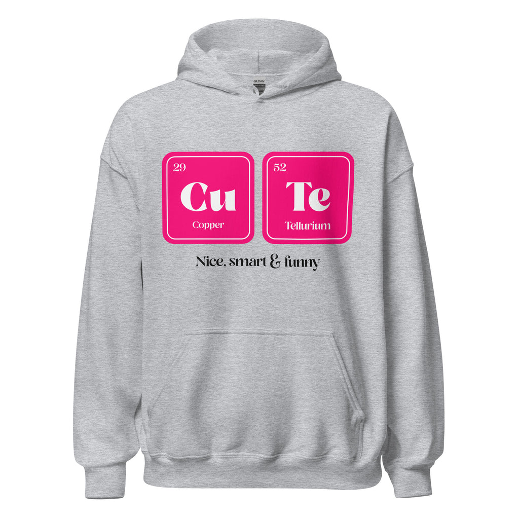 Front view of a gray hoodie with pink Cu and Te element squares and “Nice, smart & funny” text