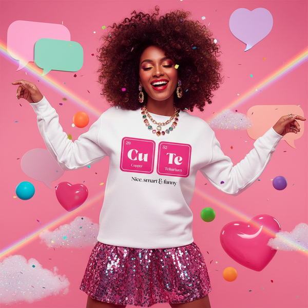 Smiling model in a white sweatshirt with pink Cu and Te element boxes, paired with a sequined skirt