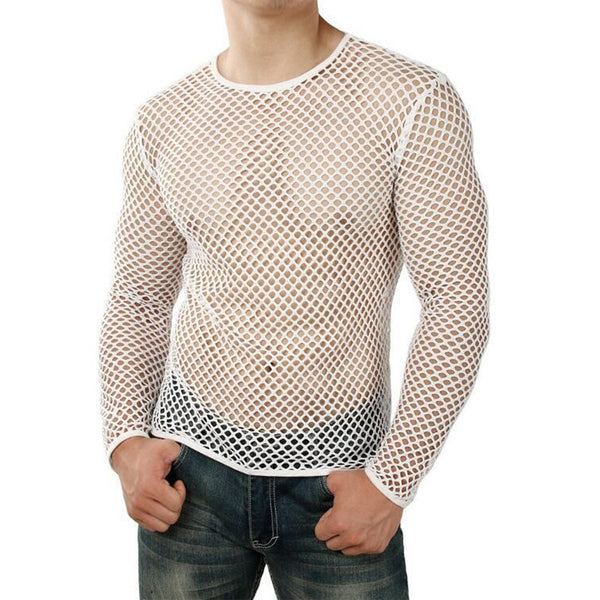 Front view of a model wearing a white long-sleeve sheer mesh top over jeans