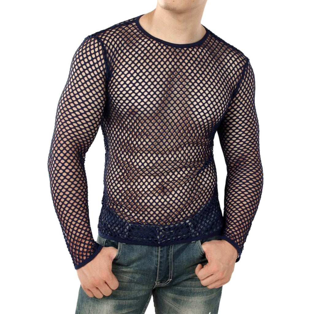Front-view model wearing a navy sheer fishnet long-sleeve top over bare skin and jeans