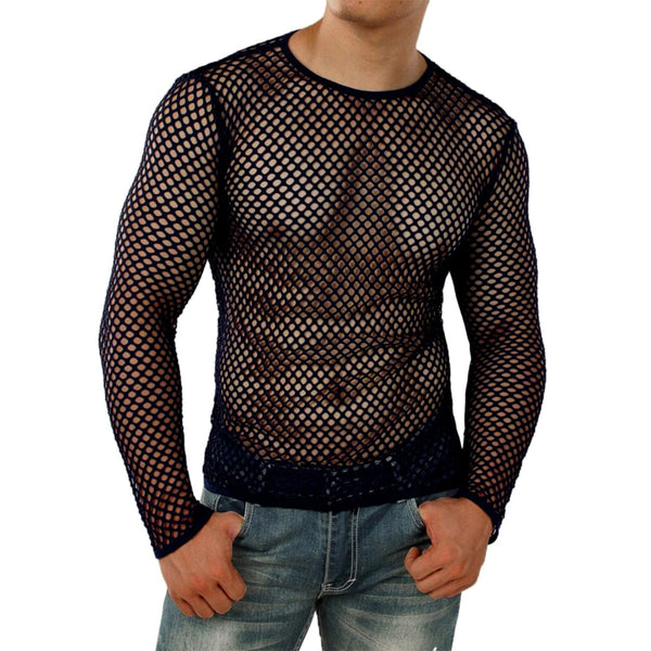 Front view of a person wearing a black sheer diamond-mesh long-sleeve top with jeans