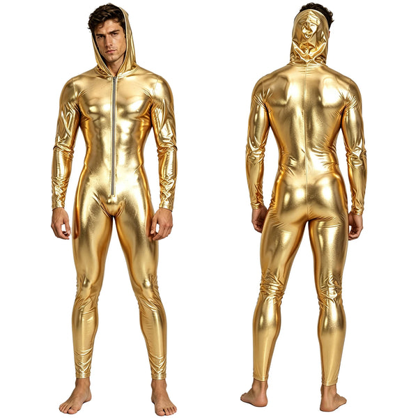 Cyber daddy metallic hooded jumpsuit photographed for the product listing.