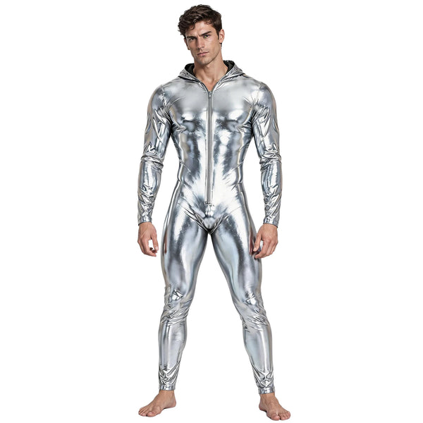 Cyber daddy metallic hooded jumpsuit photographed for the product listing.