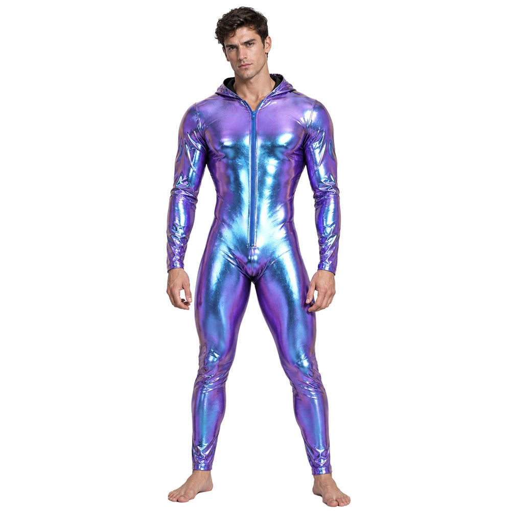 Cyber daddy metallic hooded jumpsuit photographed for the product listing.