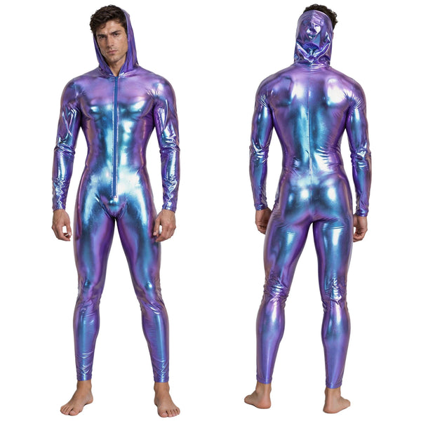 Cyber daddy metallic hooded jumpsuit photographed for the product listing.