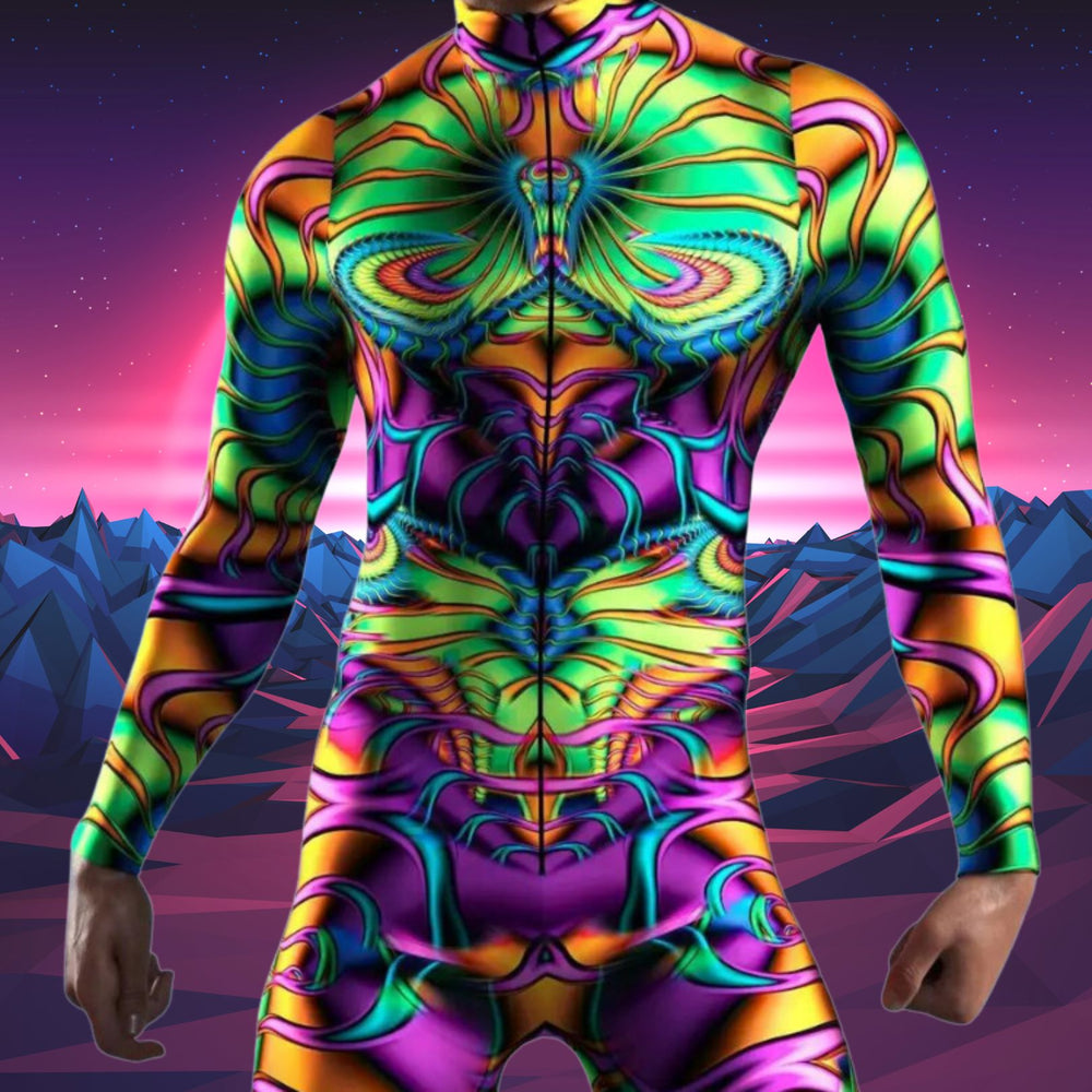 Front-view model wearing a vivid neon anatomical-patterned full-body zentai suit