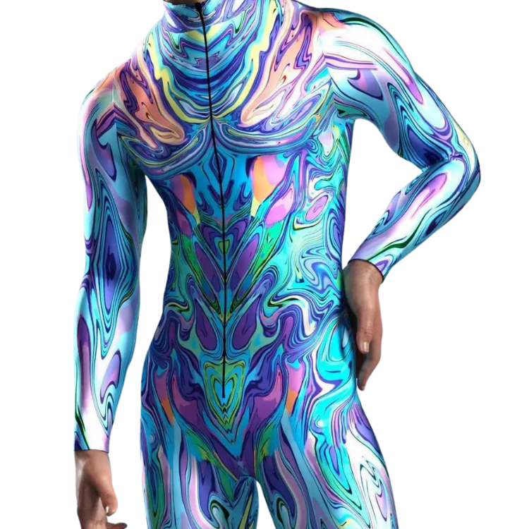 Front view of a model wearing a high-neck, long-sleeved bodysuit with vivid swirling multicolor patterns