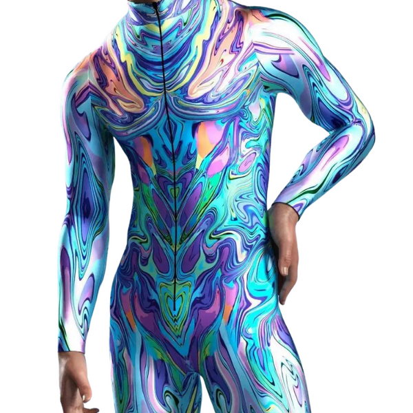 Front view of a model wearing a high-neck, long-sleeved bodysuit with vivid swirling multicolor patterns