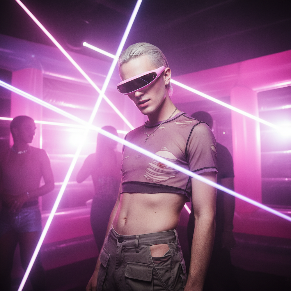 Cyclops Sunglasses on a person with slicked blonde hair