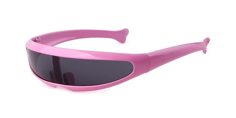 Pink cyclops sunglasses with a single dark wraparound lens, shown at an angle
