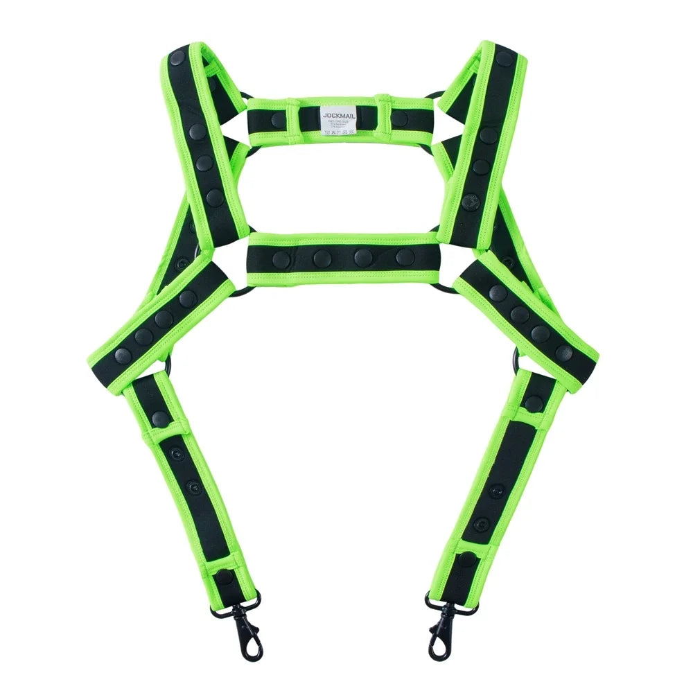 Flat-lay neon green and black adjustable harness with multiple snap fasteners and two clips