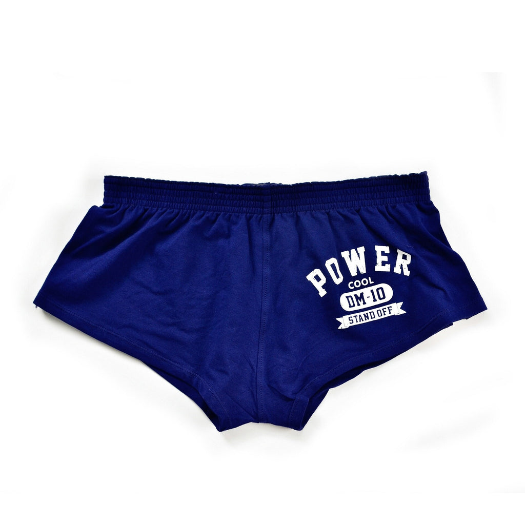 Front view of navy blue boxer shorts with white “POWER COOL DM-10 STAND OFF” print
