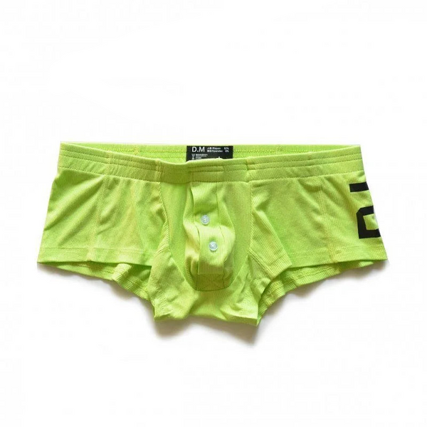 Front view of neon green button-fly boxer briefs laid flat on a white background