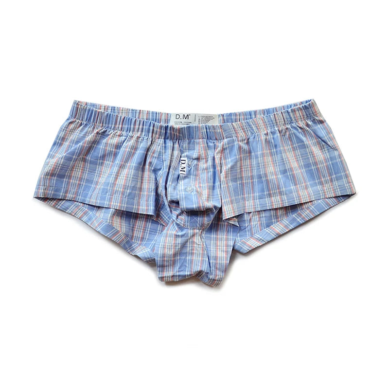 D.M. low-rise boxer briefs in blue, white, and red plaid with a comfy elastic waistband, front fly