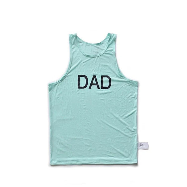 Flat-lay mint green tank top with black “DAD” lettering on the chest