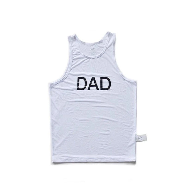 Flat-lay white tank top with wide armholes and bold black “DAD” lettering