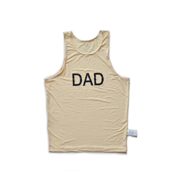 Flat-lay beige tank top with black “DAD” lettering and a small side tag