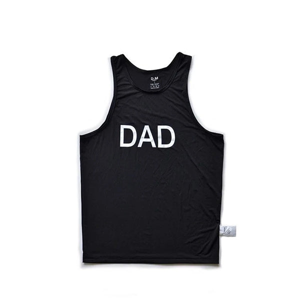 Front view of a black tank top laid flat with the word “DAD” in white