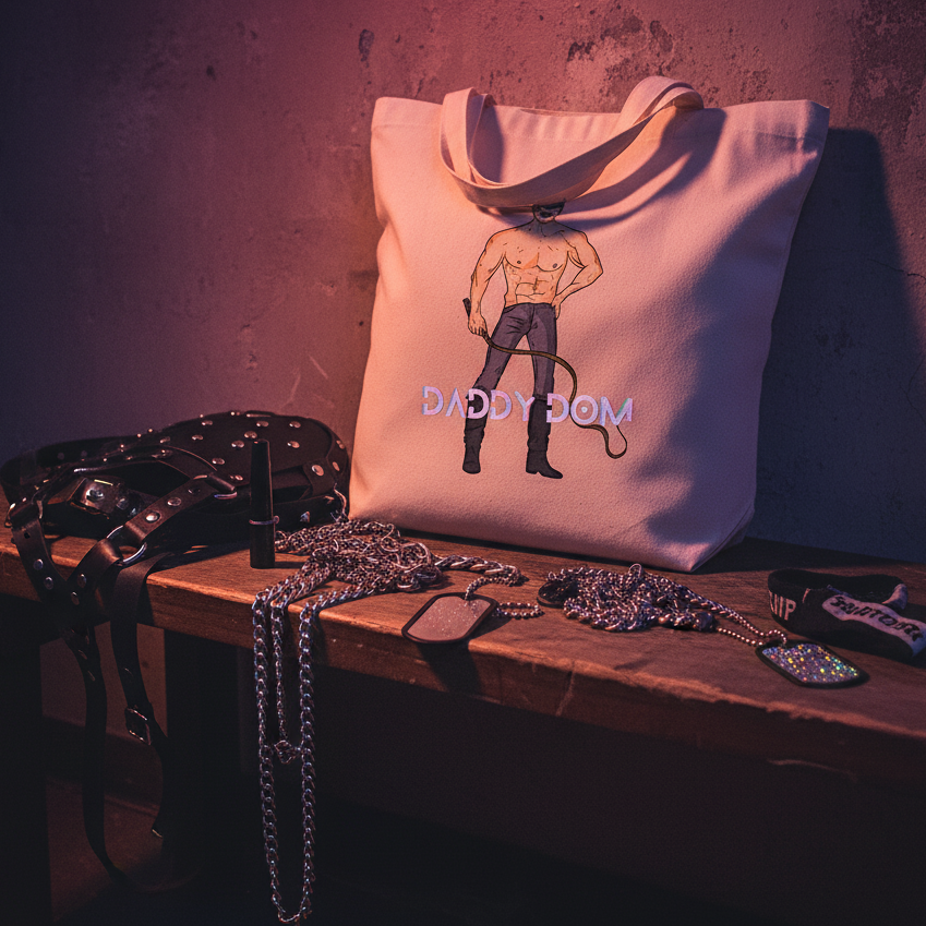 Daddy Dom Eco Tote Bag with bold text and a topless illustrated person, on wood bench with studded BDSM straps, collar