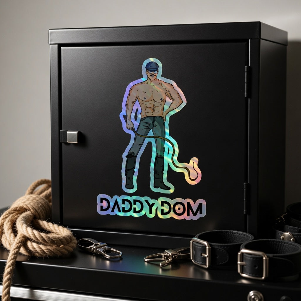 Holographic “DADDY DOM” sticker of a shirtless masked person on a black lockbox
