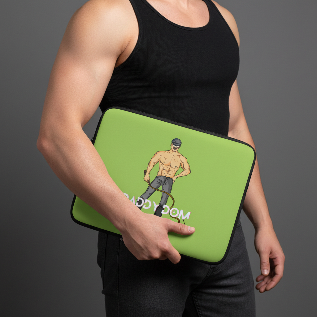 Daddy Dom Laptop Sleeve in green neoprene, with “DADDYDOM,” a shirtless person, cap, sunglasses, and crop