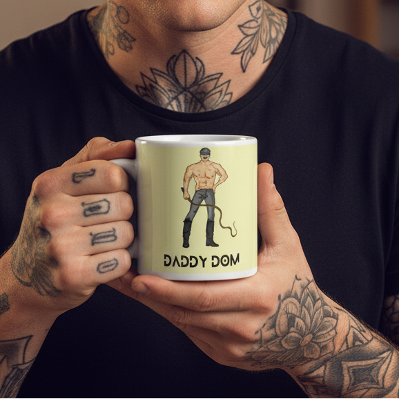 Tattooed person holding a mug labeled “DADDY DOM,” with a masked muscular person and whip graphic