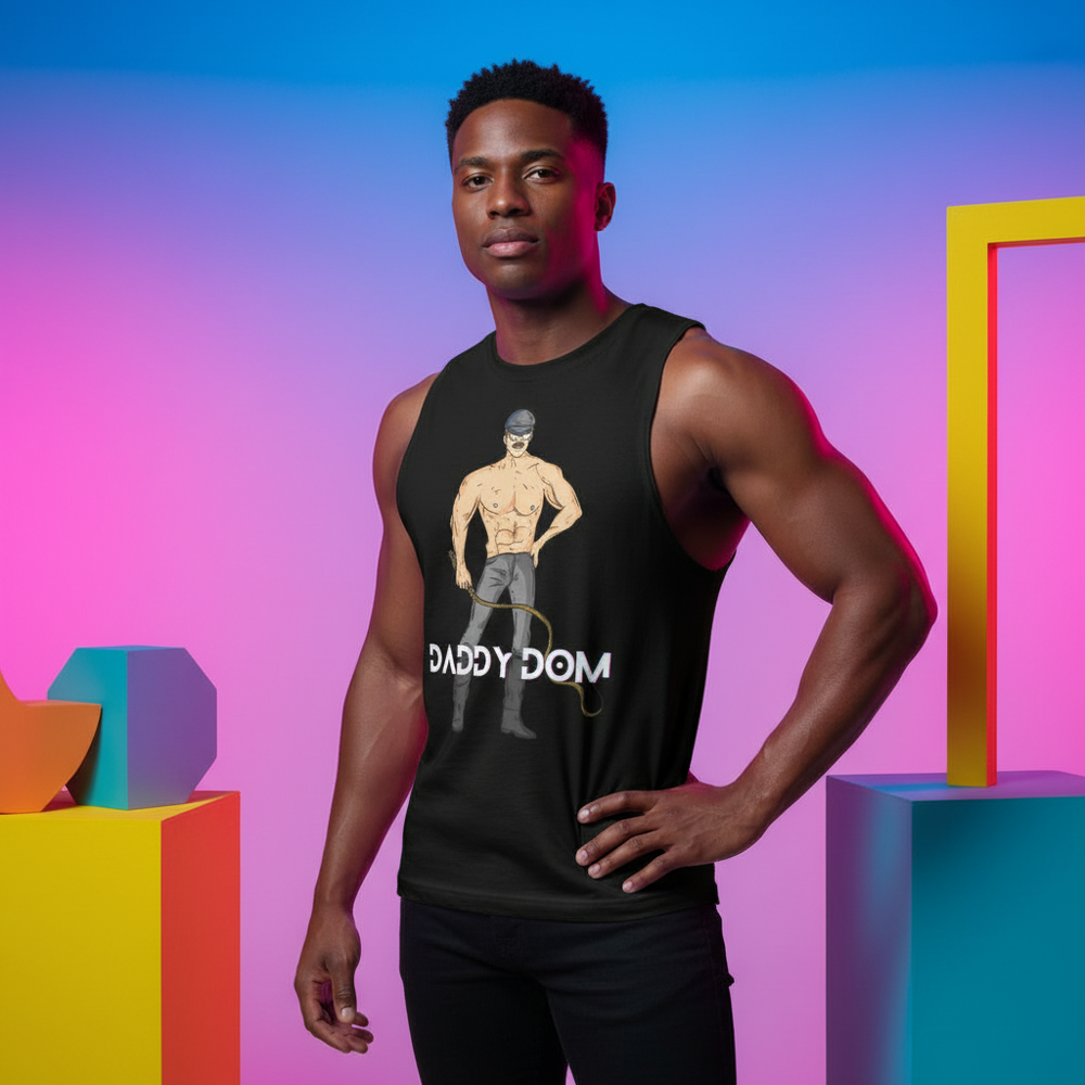 Black muscle top reading “DADDY DOM” with an illustrated shirtless masked person