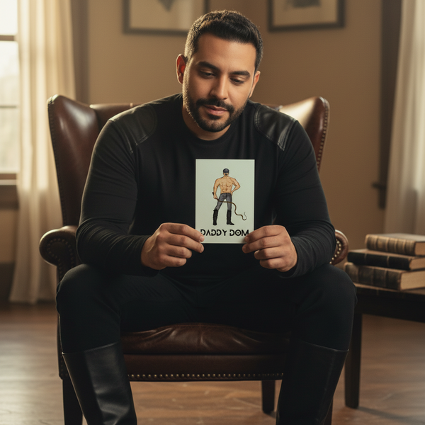 Bearded person in black holds a Daddy Dom postcard showing a leather-clad person with a whip