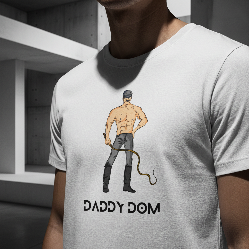 Unisex cotton pride T-shirt with bold "DADDY DOM" text and art of a buff, shirtless man in boots and cap holding a whip.