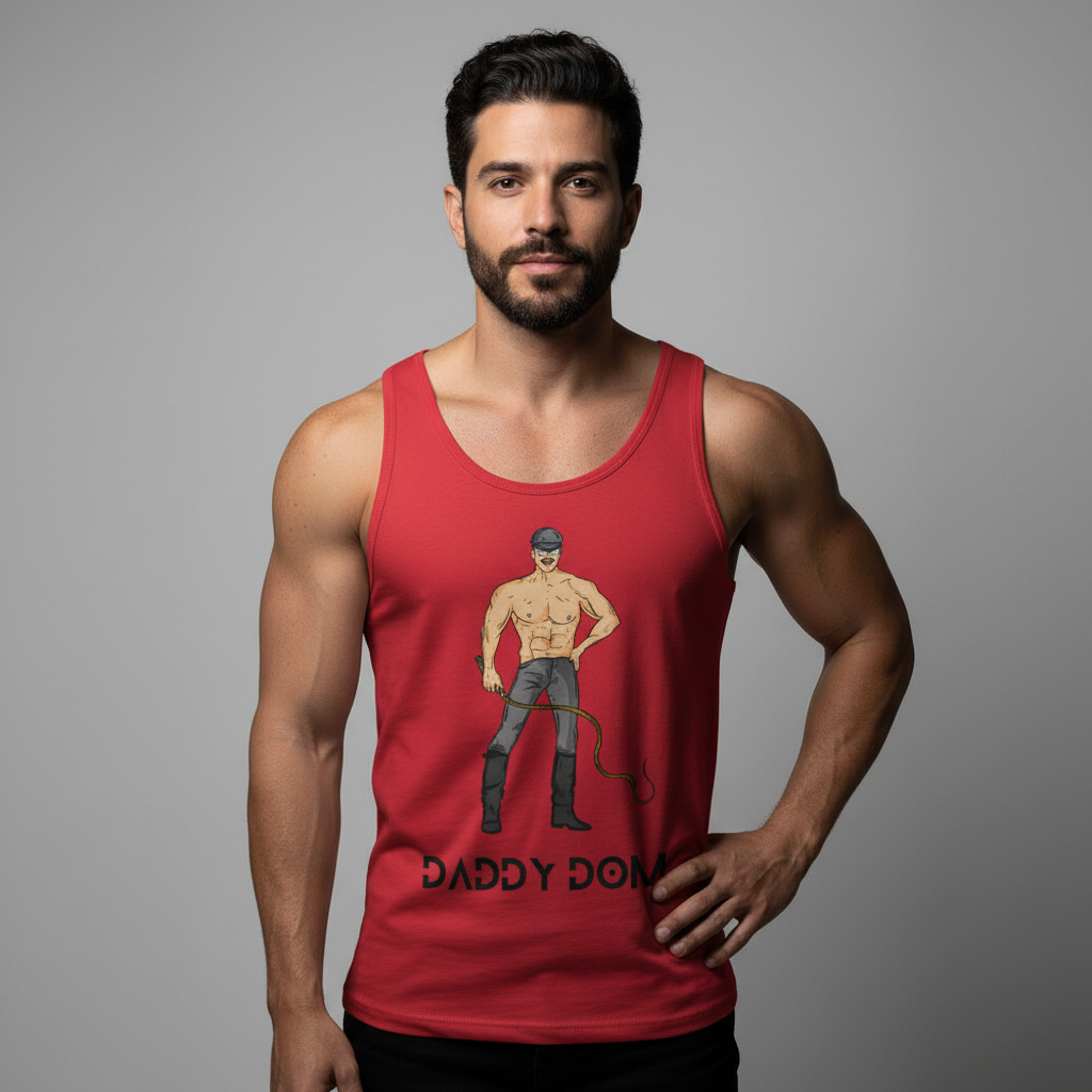 Daddy Dom Unisex Tank Top, gray, shows a ripped shirtless man with a whip and “DADDY DOM” text. Queer pride vibe.