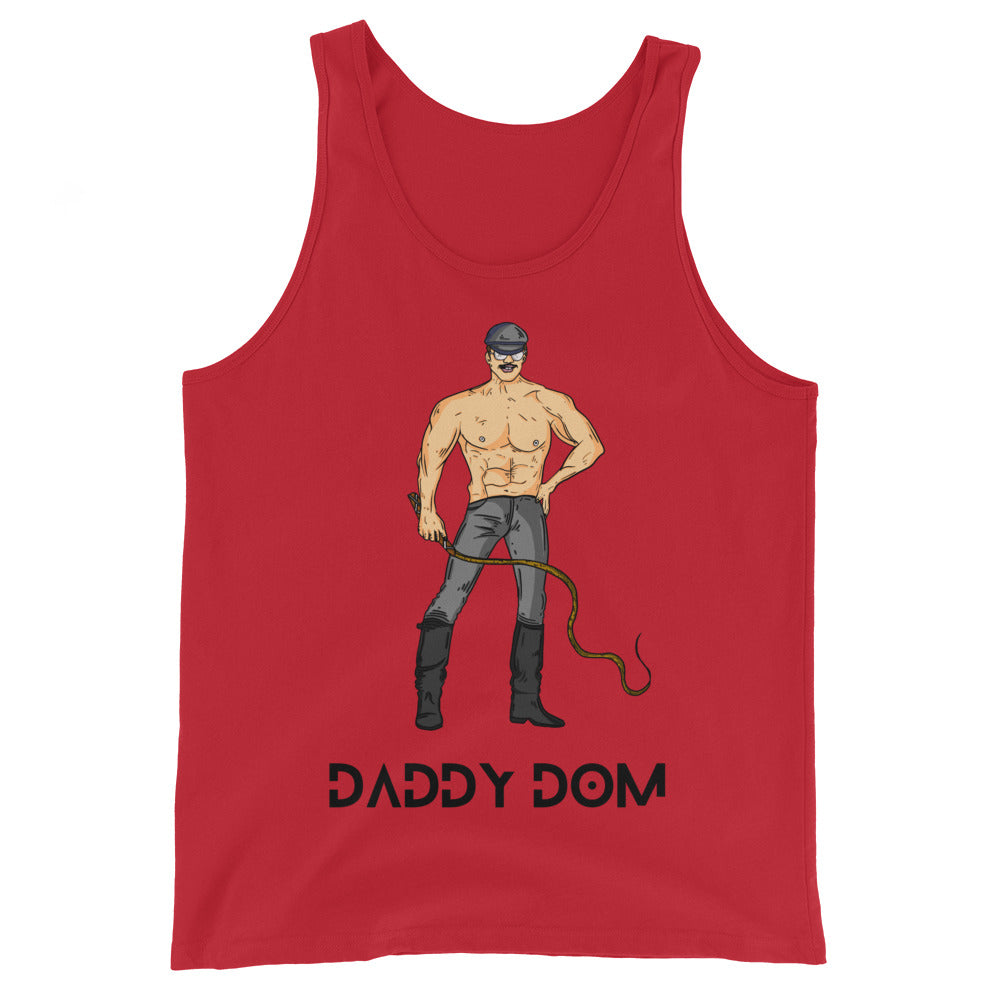 Unisex red tank top with an illustrated muscular person in black boots, pants, sunglasses, and whip