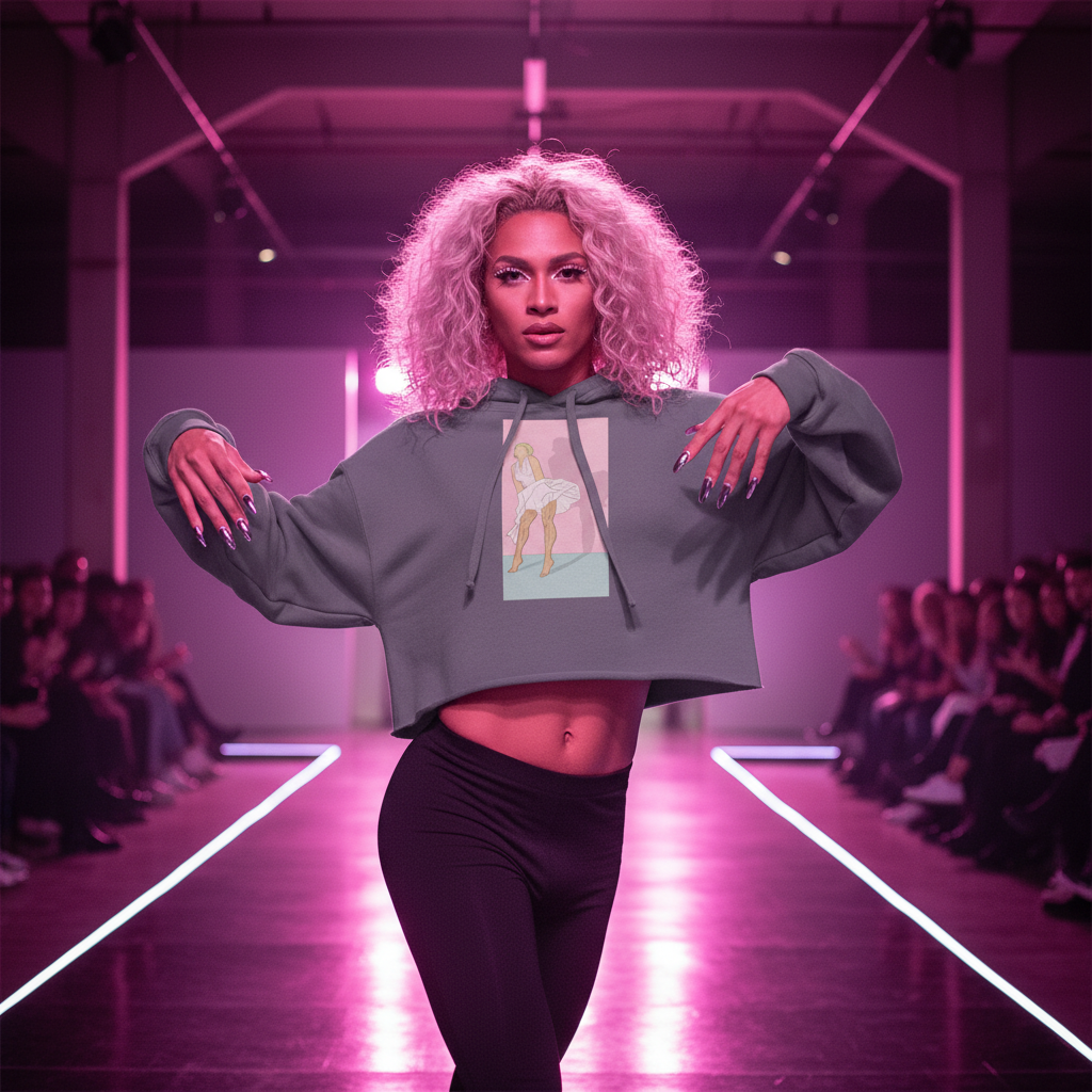 Daddy Monroe Crop Hoodie with pride-inspired abstract print on a confident, curly blonde model; black leggings