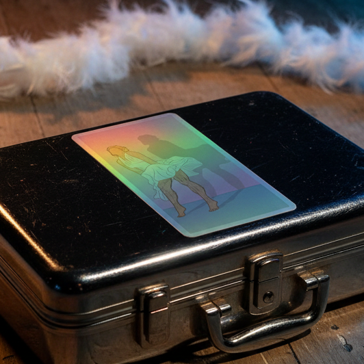 Metal suitcase gleams on wood floor, topped with a ballerina holographic card, Daddy Monroe Holographic Stickers