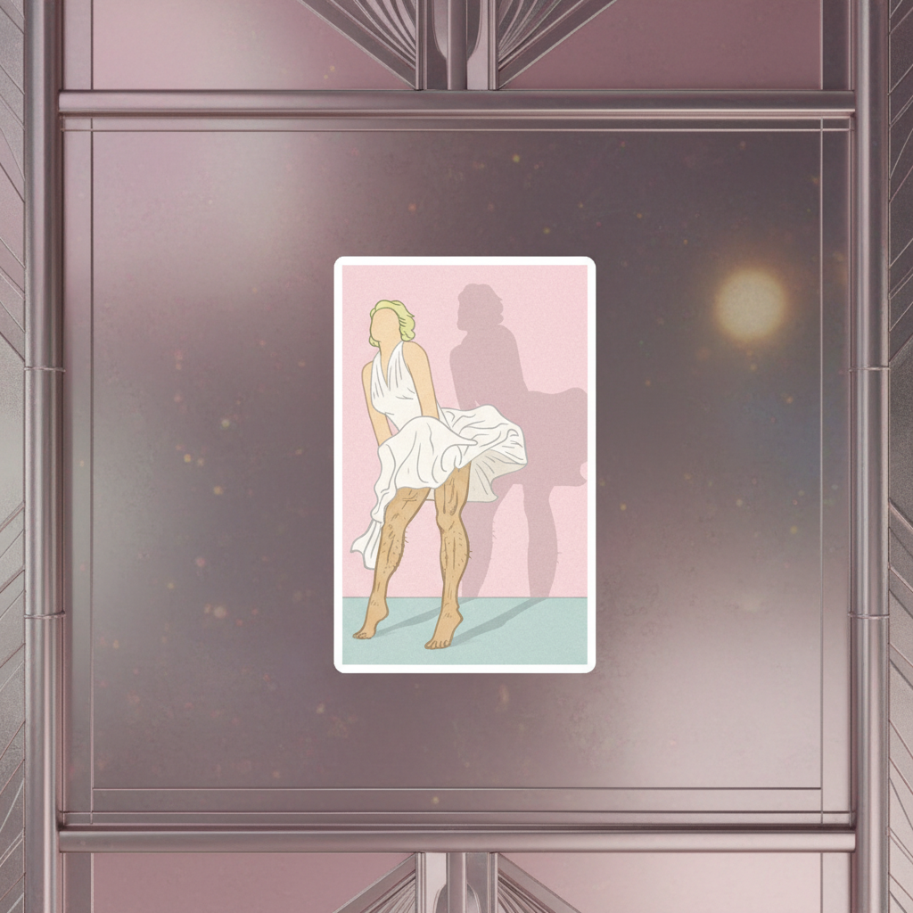 Daddy Monroe Magnet: magnetic vinyl, minimalist person in white dress inspired by Marilyn Monroe, shadow on pink wall