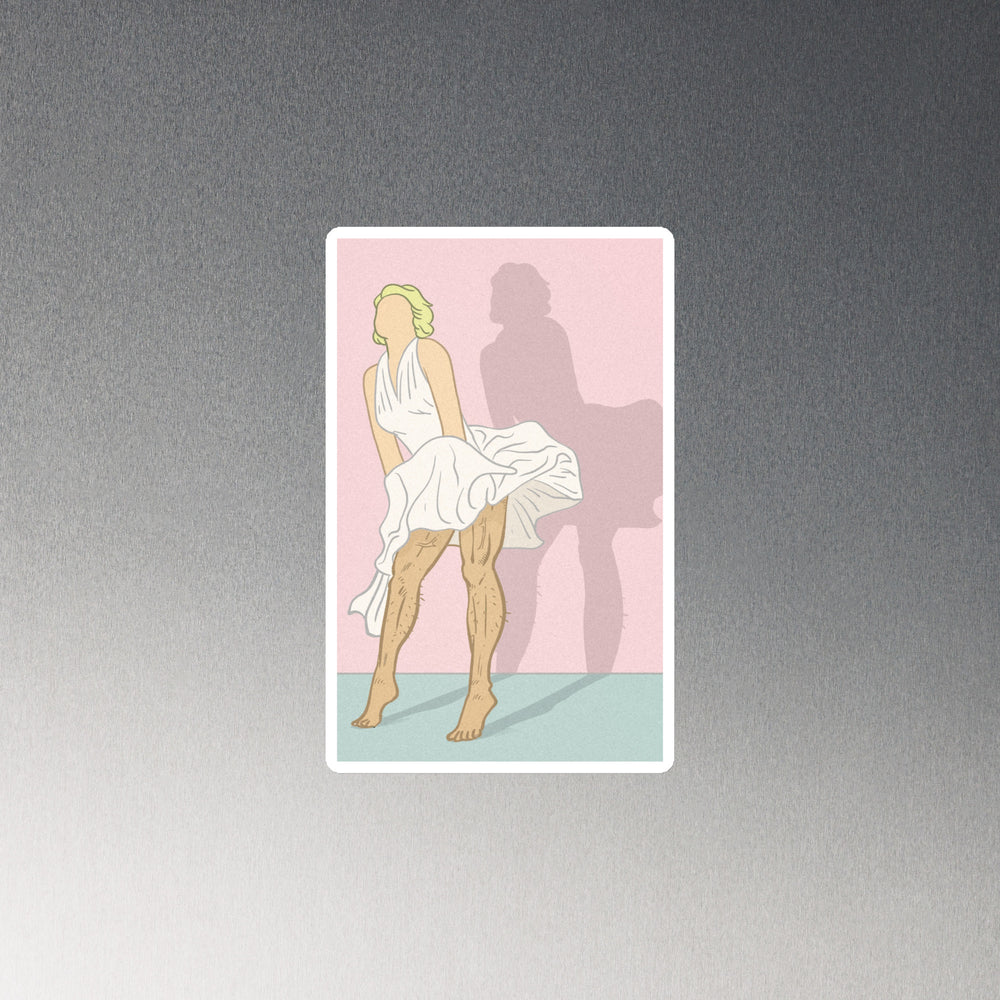Rectangular magnet illustration of a faceless blonde figure in a white dress, with hairy legs and a pink shadow