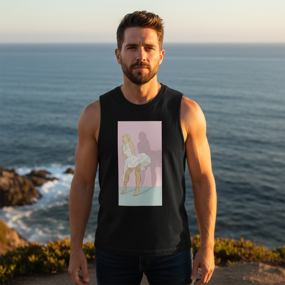 Unisex tank top in relaxed fit, the Daddy Monroe Muscle Top, with pastel print of person in white and their shadow