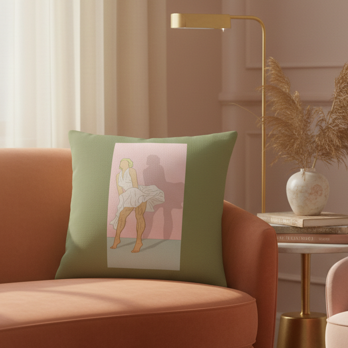 Sage green Daddy Monroe Pillow with illustrated person in white dress on peach sofa, gold lamp, dried grasses